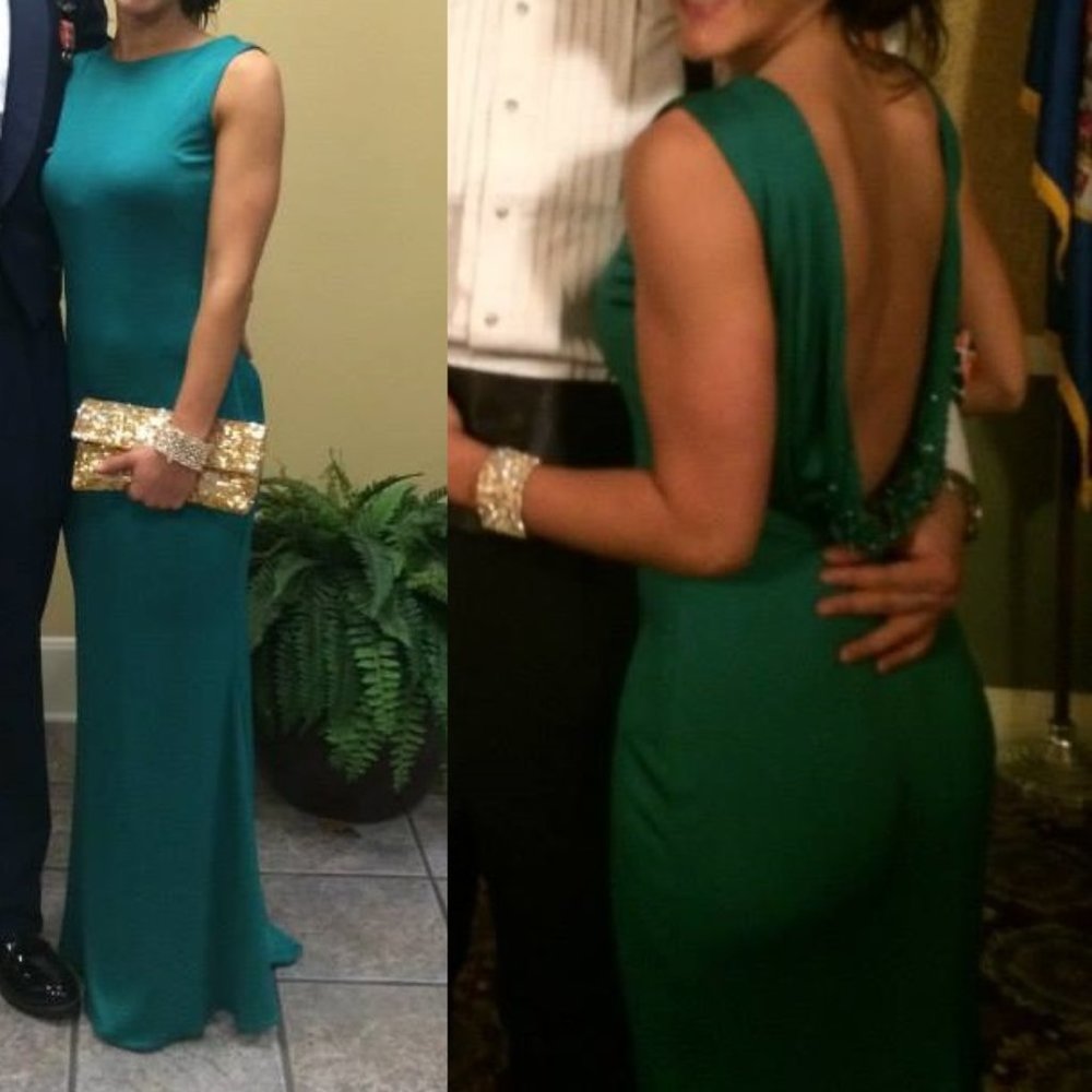 Badgley Mischka Teal Green Drop Back Evening Gown